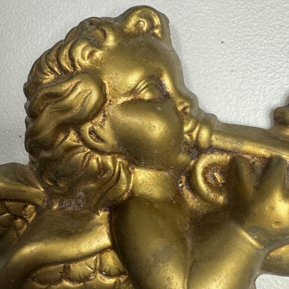 Vintage 2 Cherub Angel Christmas Wall Decoration Gold MCM Hollywood Regency - Picture 5 of 12